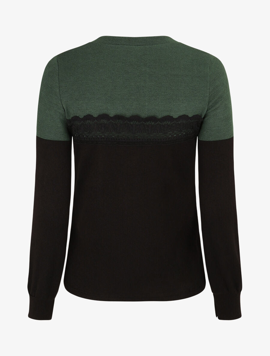 Pull fin et bande en dentelle - Vert sapin - 2