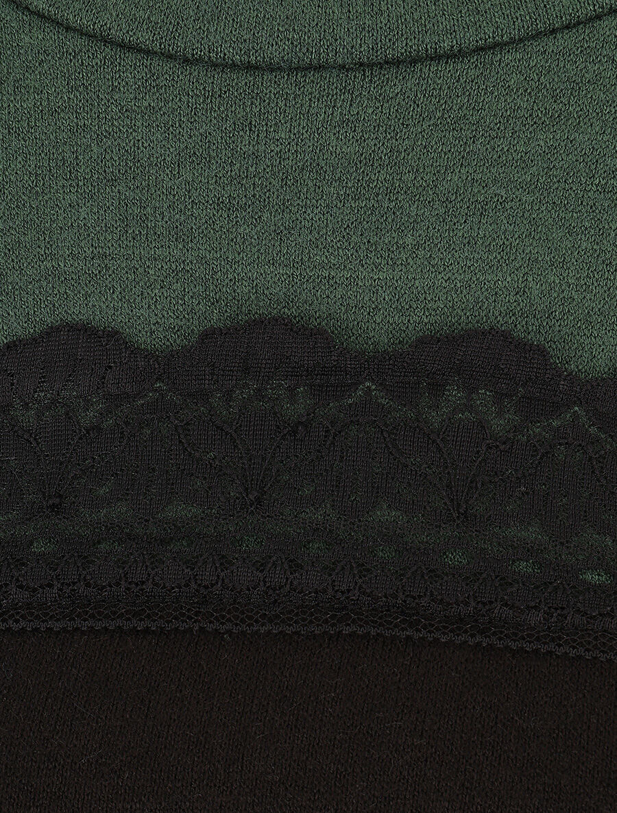Pull fin et bande en dentelle - Vert sapin - 3