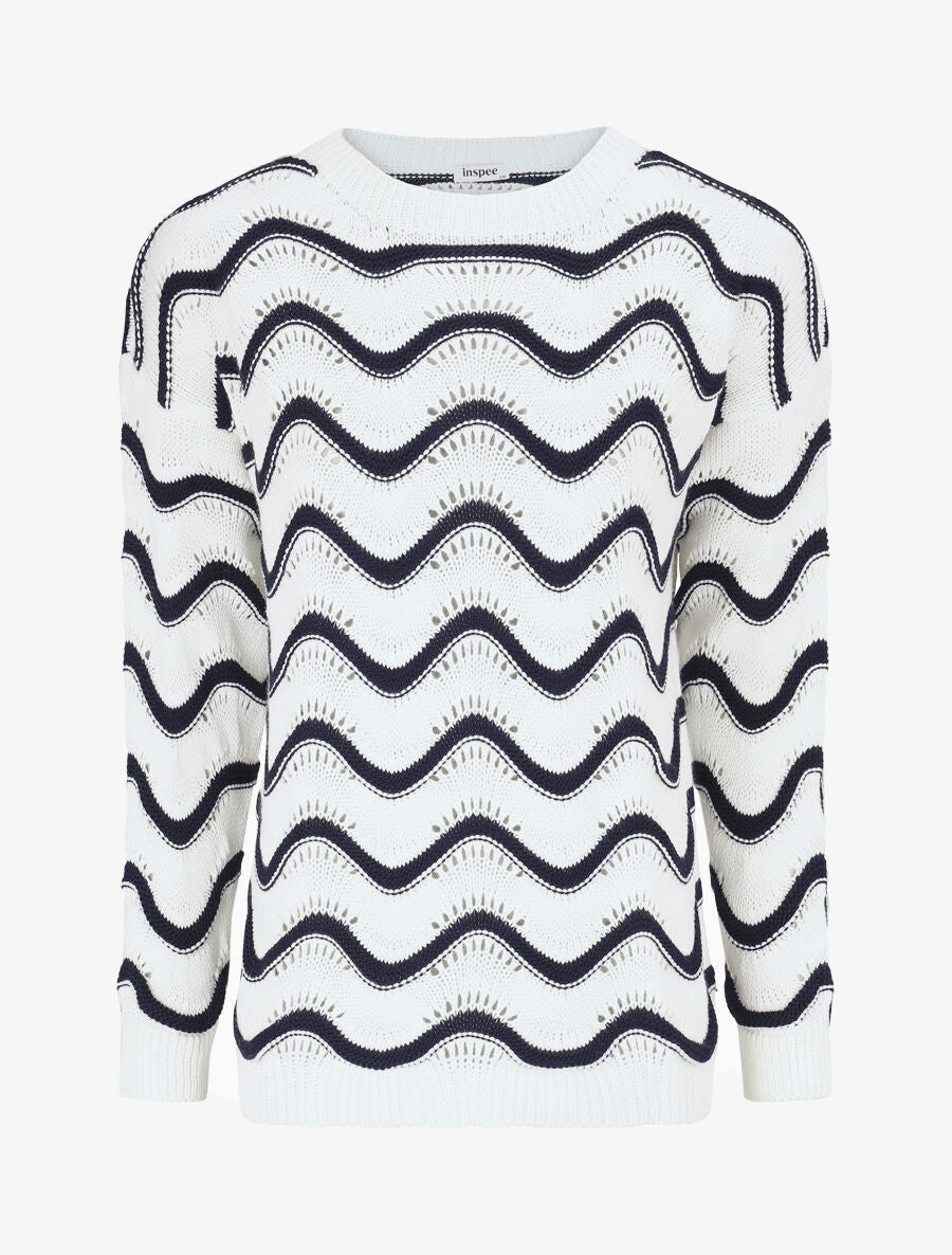 Pull ajouré en maille à vagues - Marine - 1