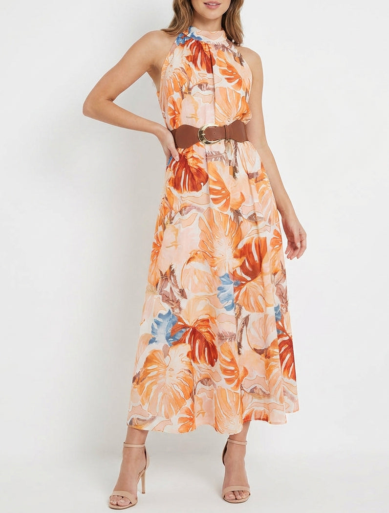 Robe longues sans manches imprimé tropical - Orange