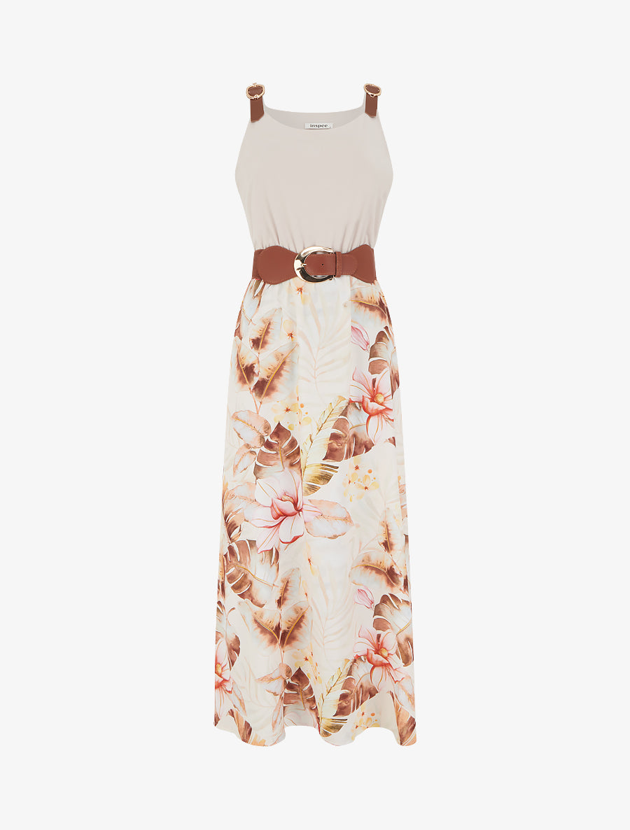 Robe imprimé feuillage à bretelles en simili - Camel - 1