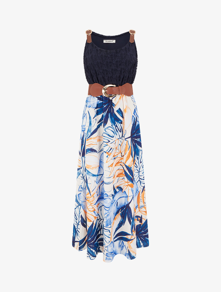Robe longue à imprimé tropical et bretelles simili - Marine - 1