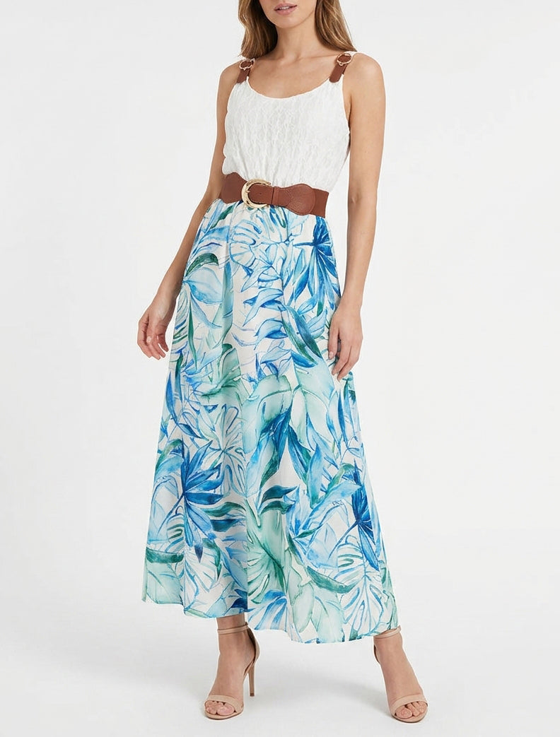 Robe longue à imprimé tropical et bretelles simili - Bleu