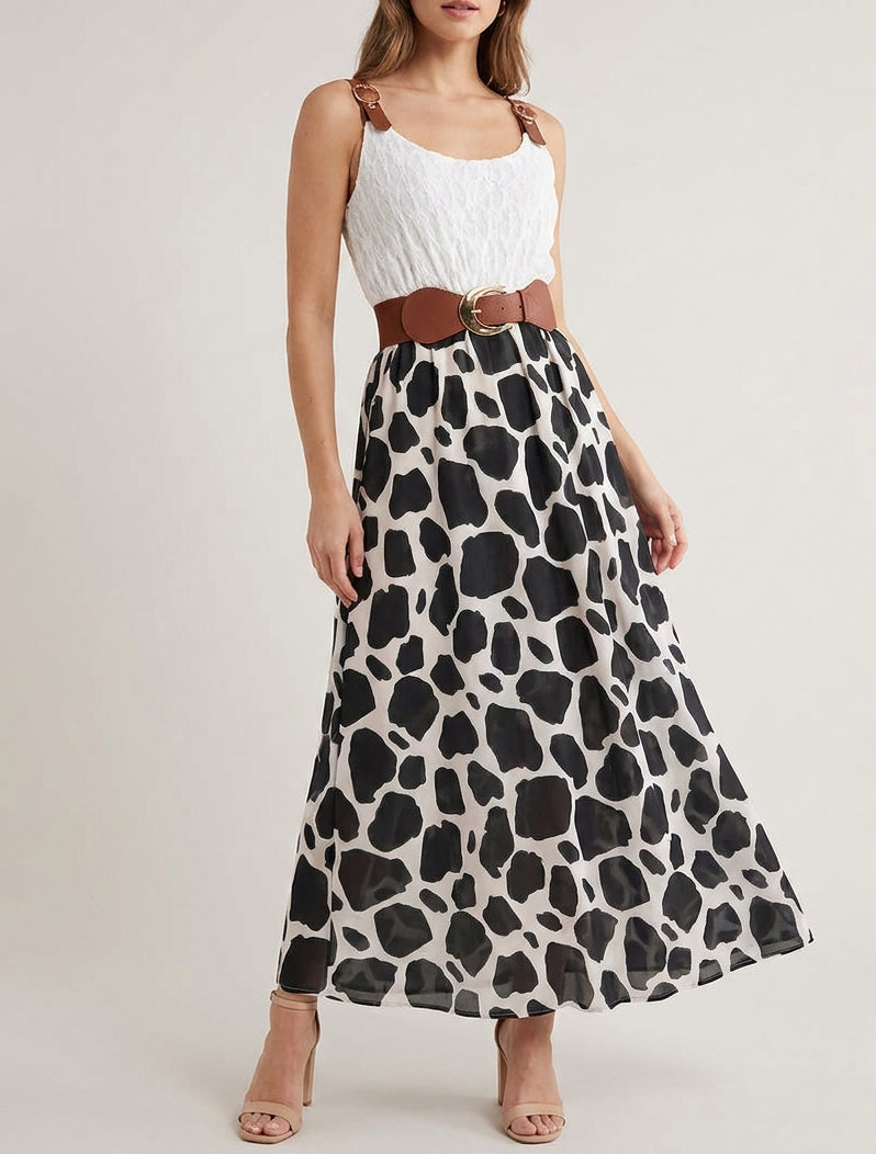 Lange jurk met giraffenprint en imitatieriemen - Zwart