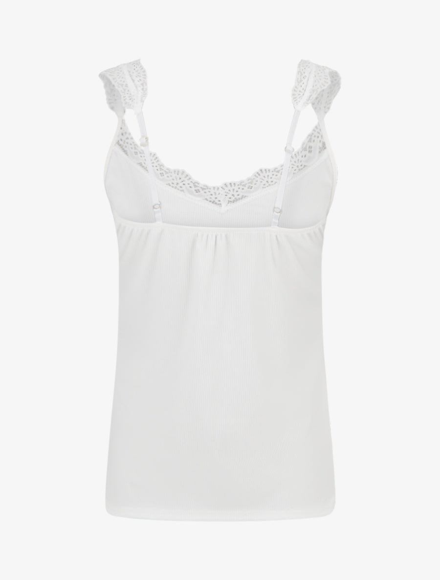 Débardeur côtelé à bretelles en dentelle - Blanc - 2