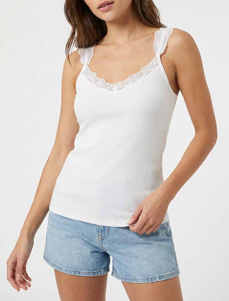 Débardeur côtelé à bretelles en dentelle - Blanc