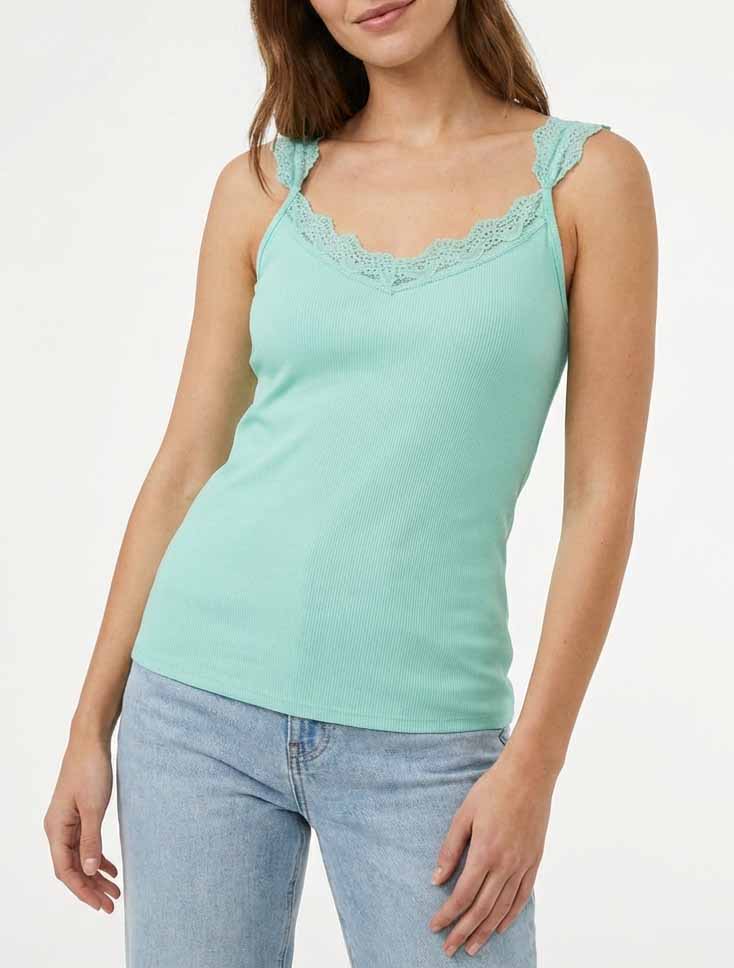 Débardeur côtelé à bretelles en dentelle - Vert d&