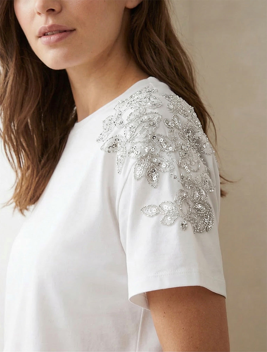 T-shirt manches courtes à épaules strassées - Blanc