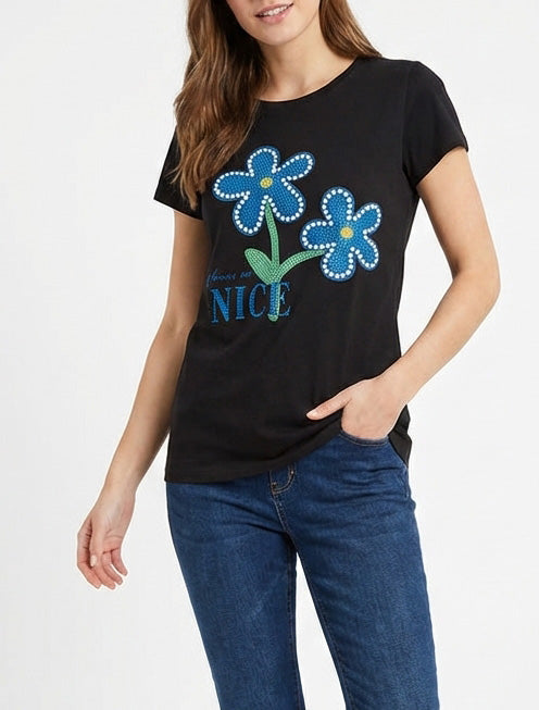 T-shirt met strass en bloemen - Zwart