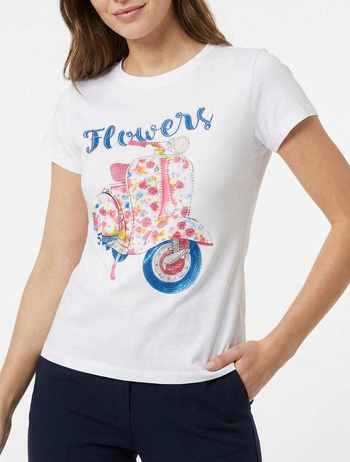 T-shirt à motif scooter strassé - Blanc