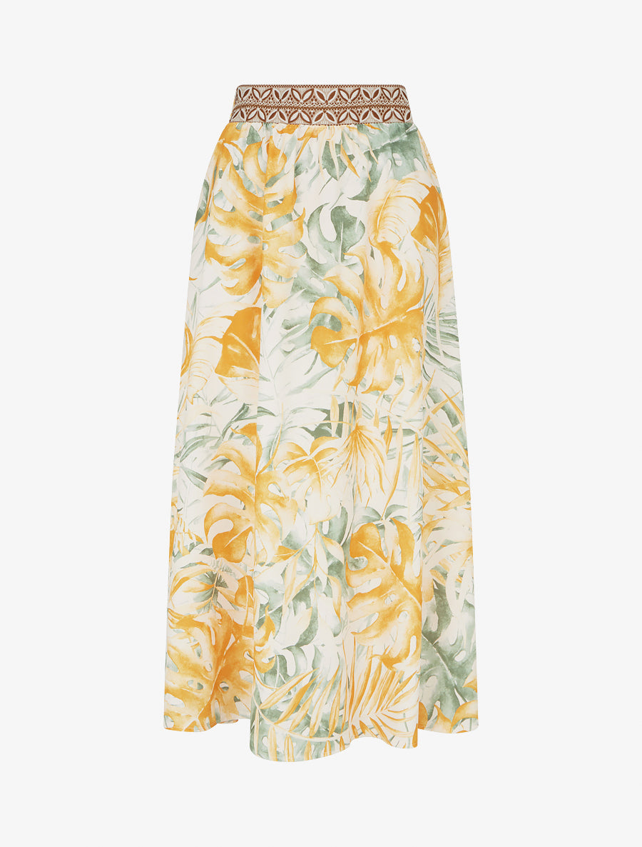 Jupe fluide longue à imprimé feuilles stylisées - Jaune - 1