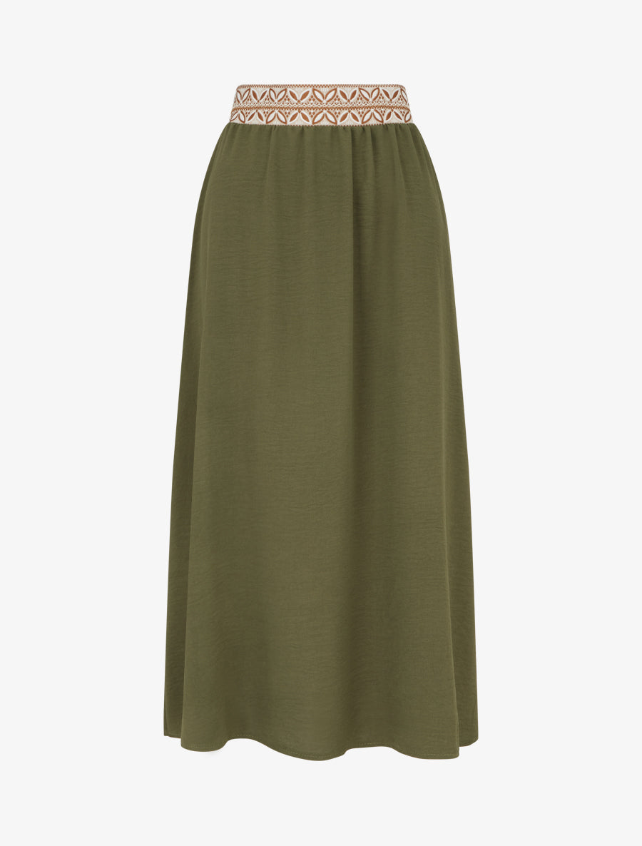 Jupe fluide longue à bande imprimé - Kaki - 1
