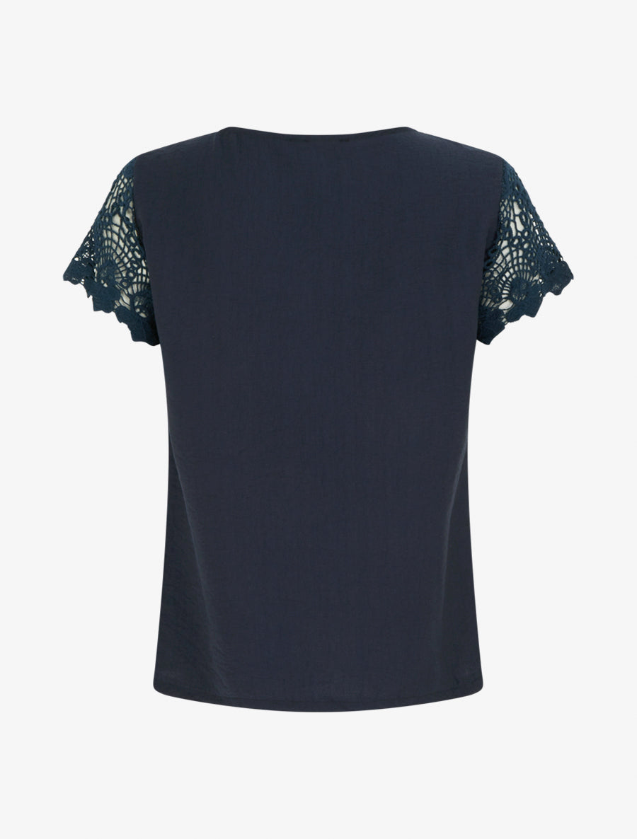 Top droit manches courtes en dentelle - Marine - 2
