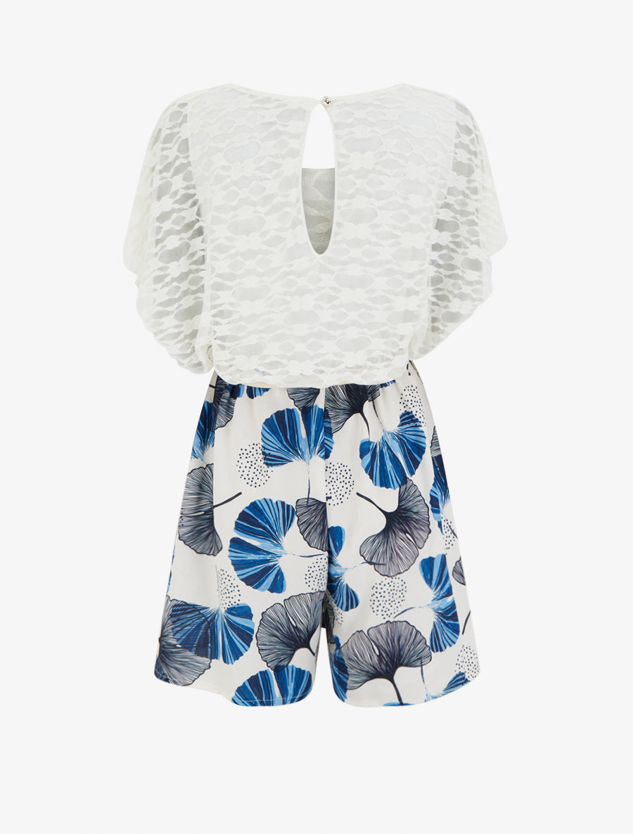 Combishort imprimé ginko à buste en dentelle - Marine - 2