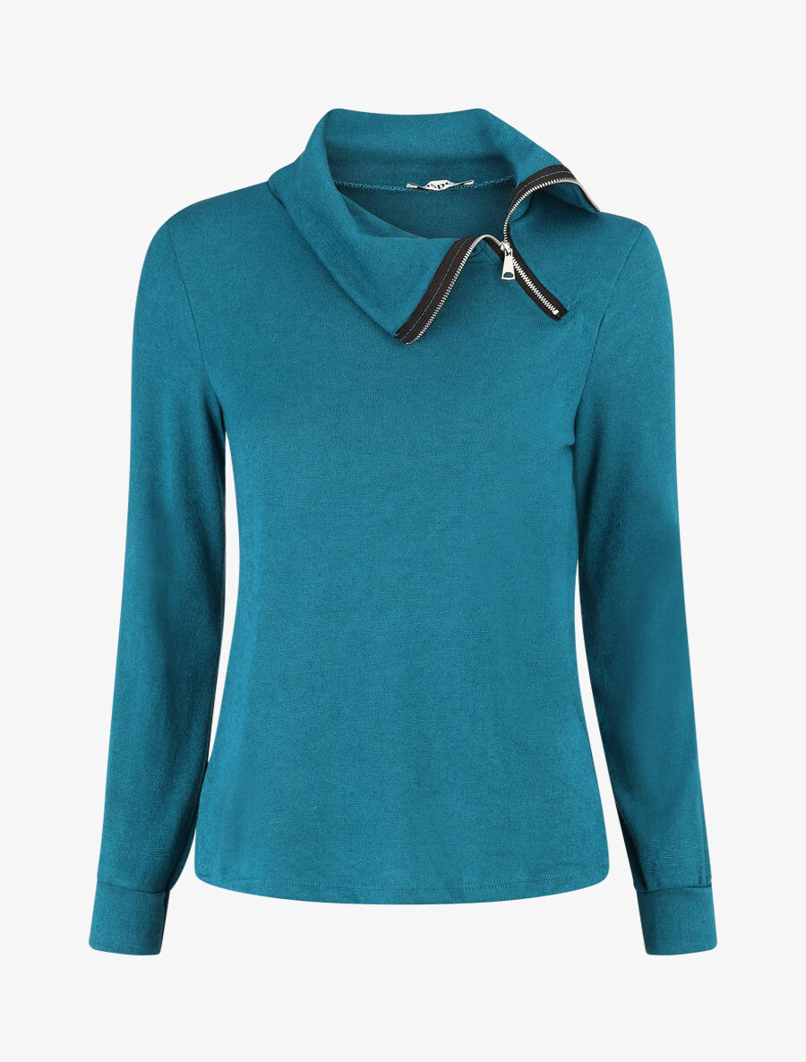 Pull fin à col montant zippé - Bleu canard - 4