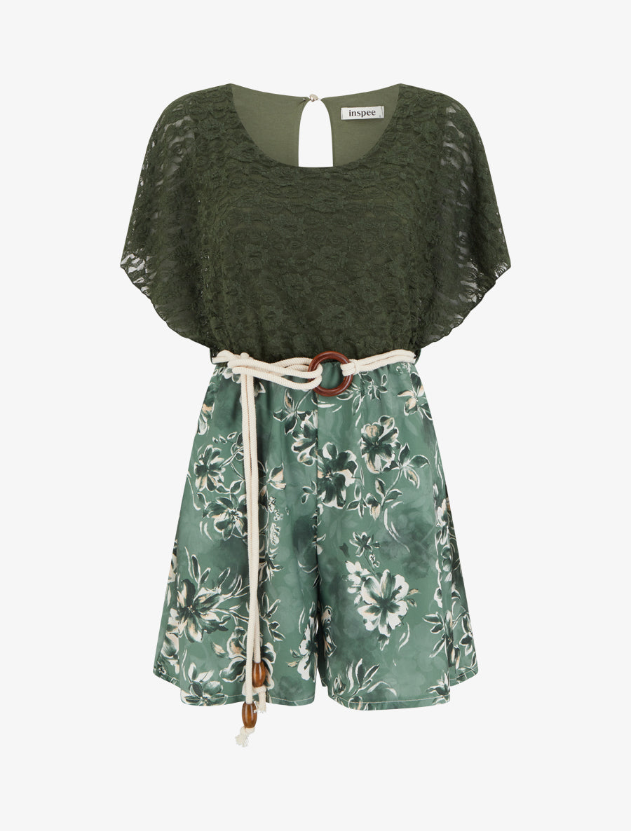 Combishort imprimé floral à buste en dentelle - Kaki - 1