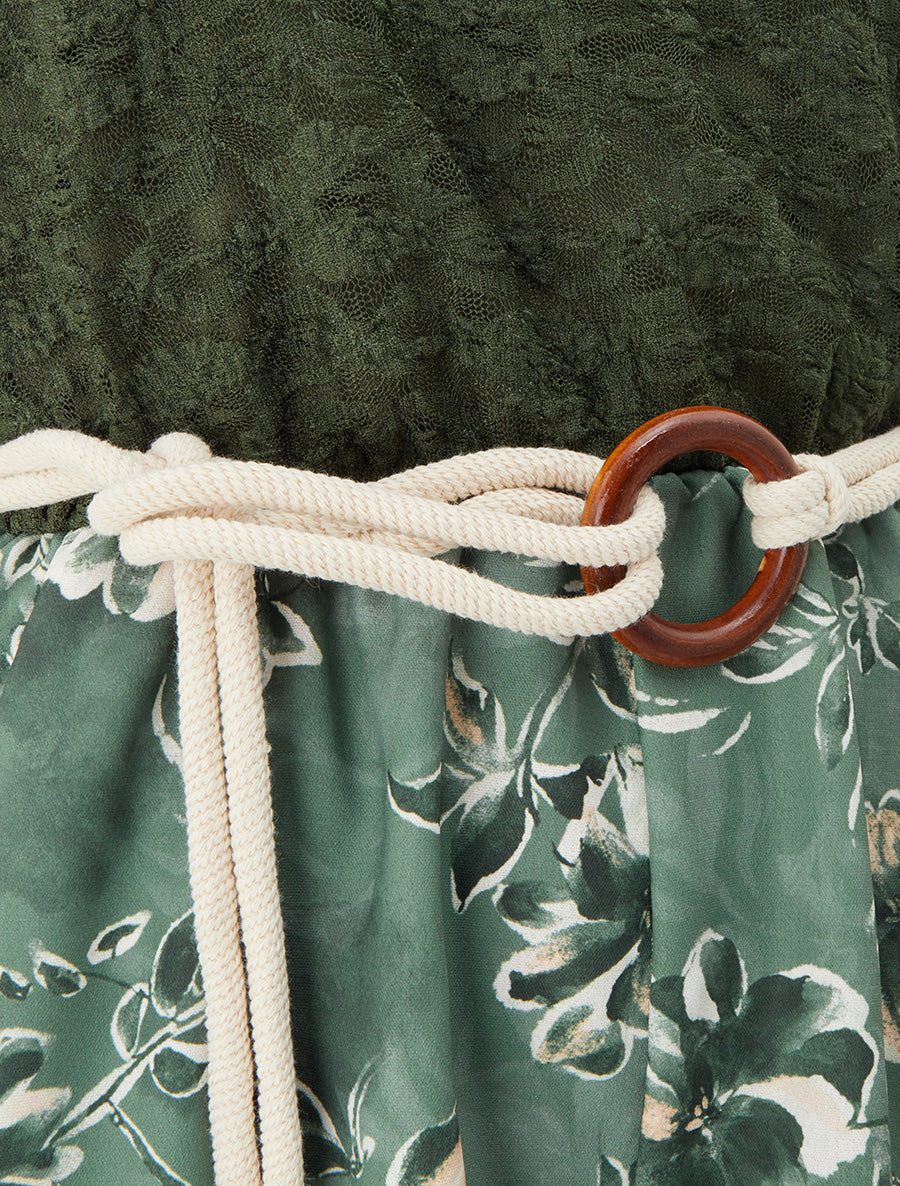 Combishort imprimé floral à buste en dentelle - Kaki - 3