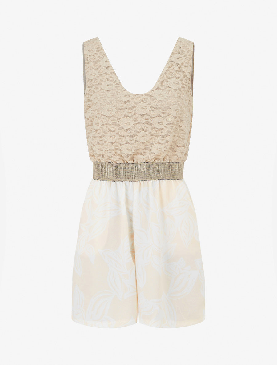 Combishort imprimé floral à buste en dentelle - Beige - 1