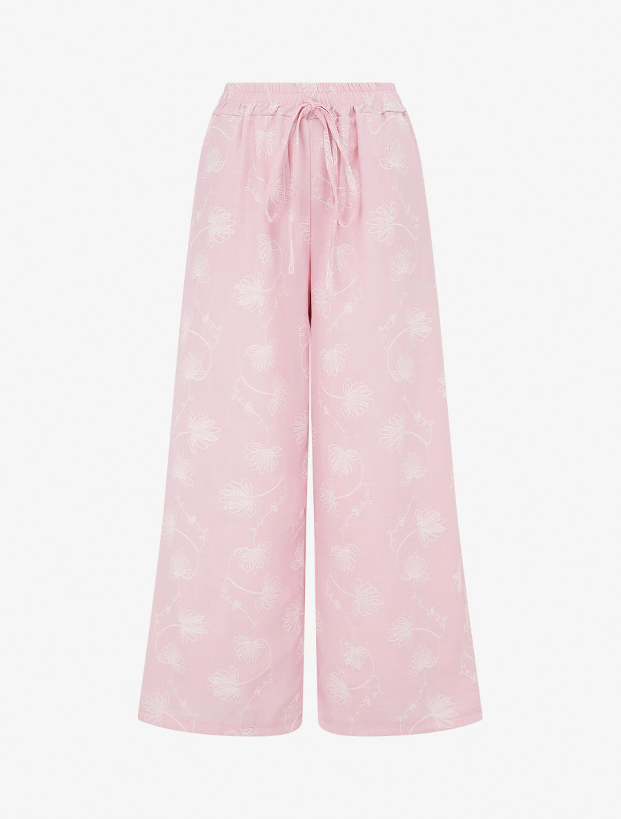 Pantalon en lin à broderie floral - Rose - 1
