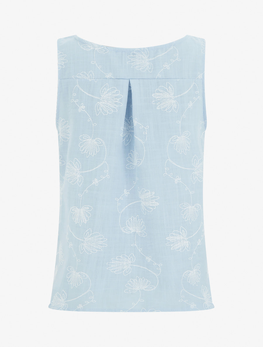 Top en lin à broderie floral - Bleu ciel - 2