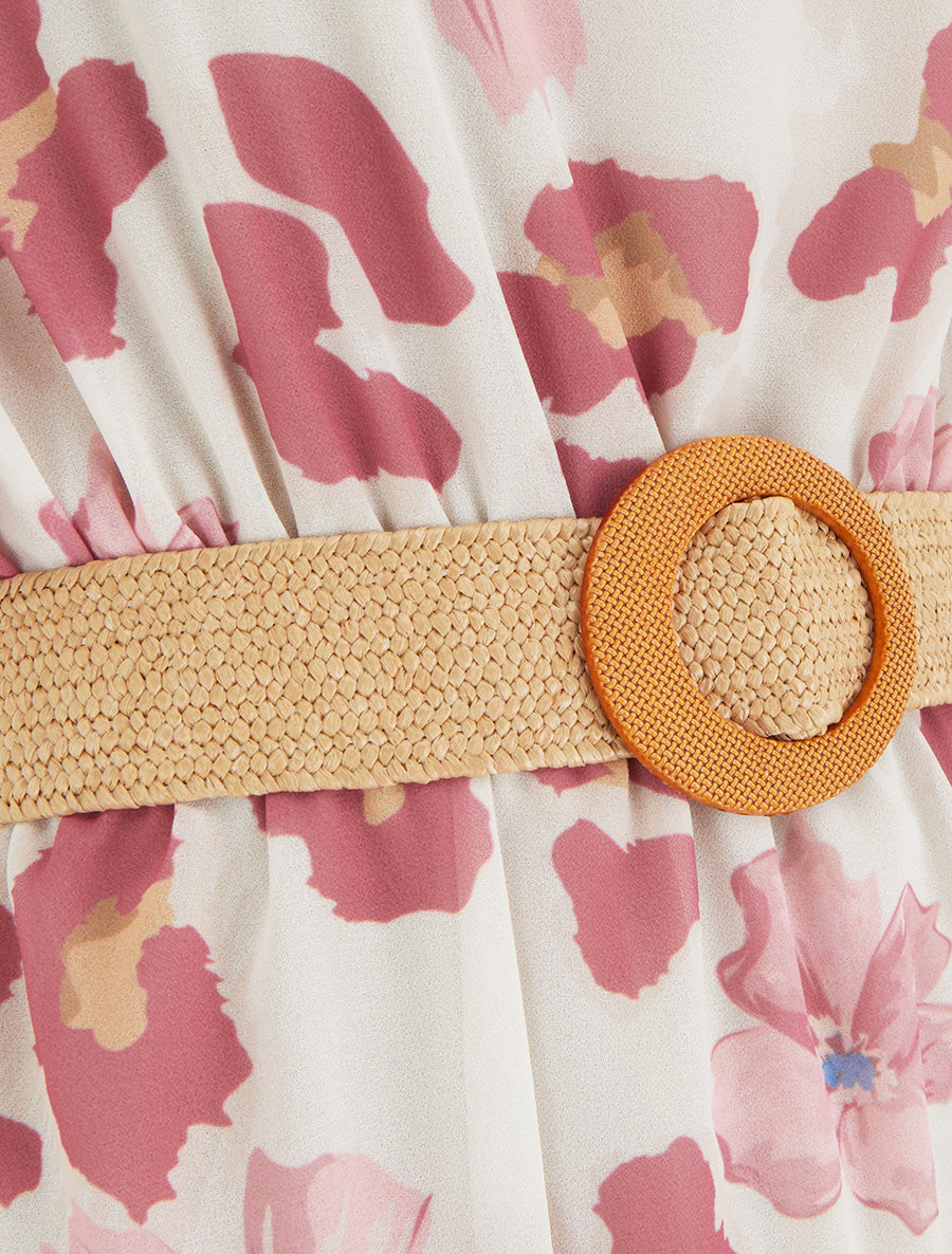 Robe mi-longue fleuri manches courtes - Rose - 3