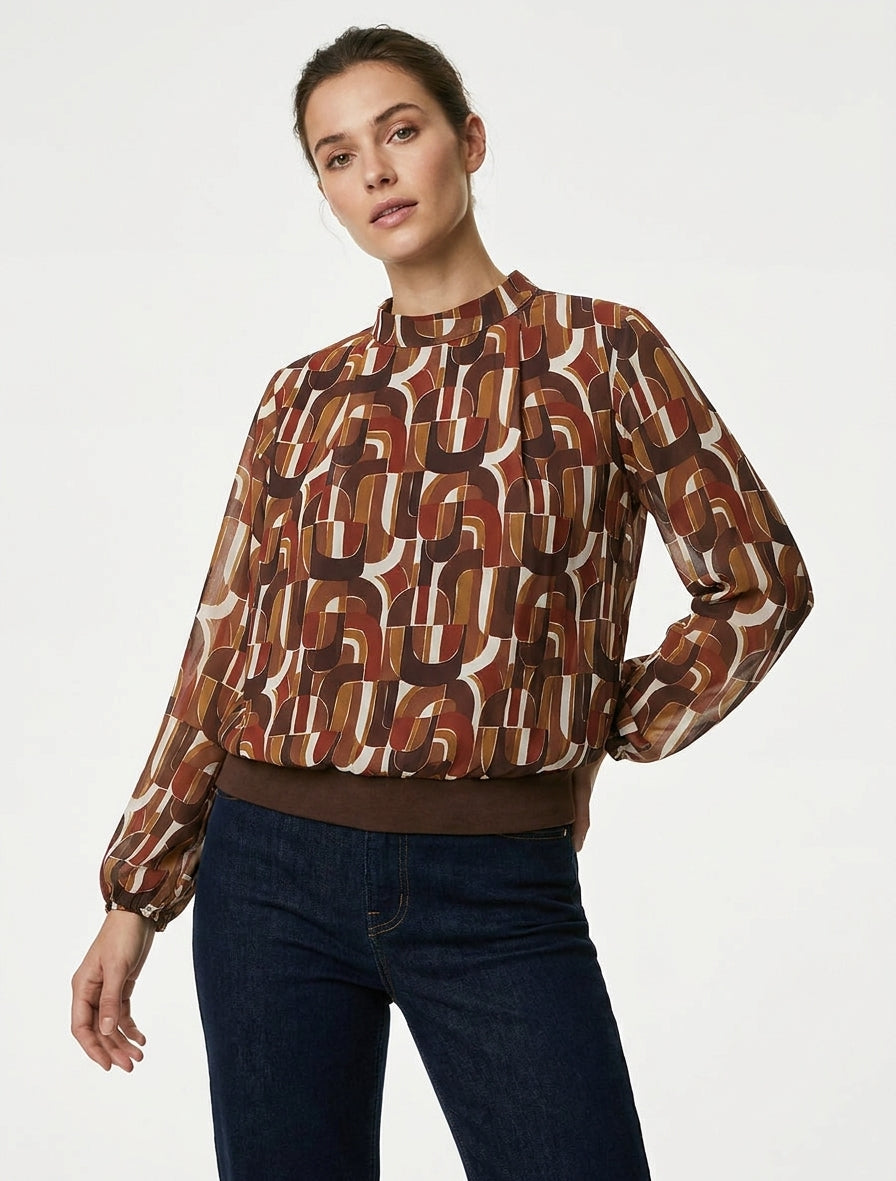 Retro bedrukte blouse met elastische manchetten - Bruin