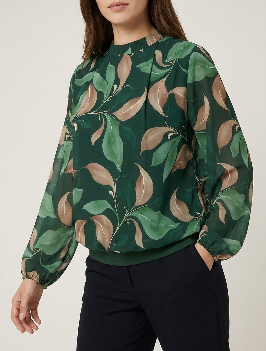 Blouse imprimé feuillage à poignets élastiqués - Vert sapin