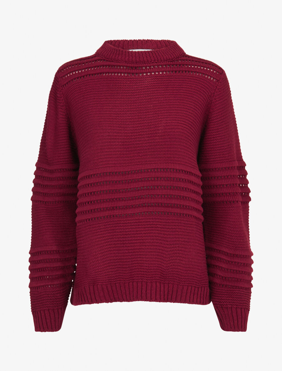 Pull à bandes en reliefs - Rouge cerise - 1