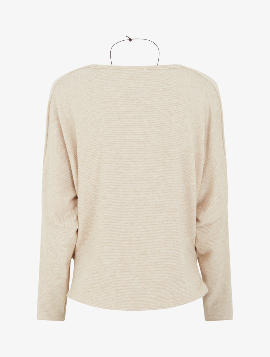 Pull côtelé à manches chauve-souris et col bénitier - Beige