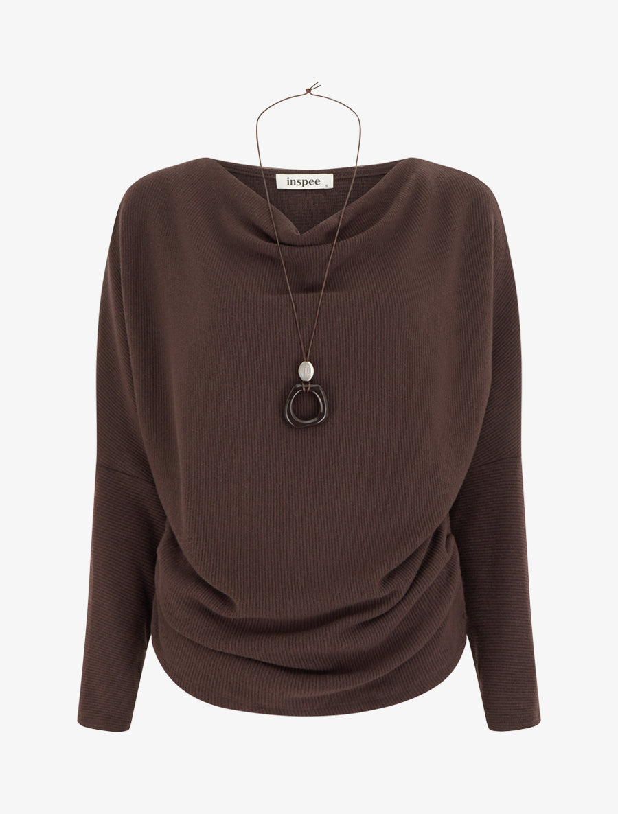 Pull côtelé à manches chauve-souris et col bénitier - Marron - 1