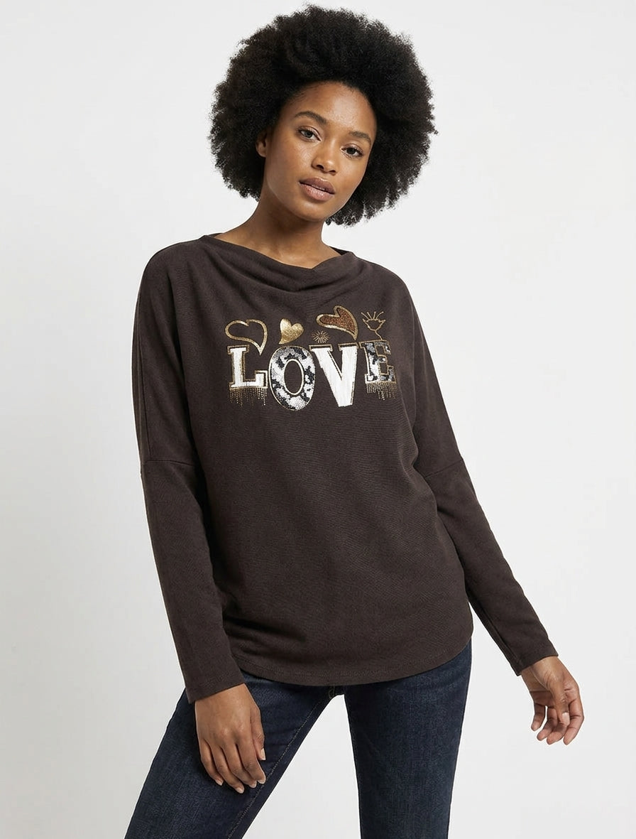 Pull à col bénitier et inscription LOVE - Marron