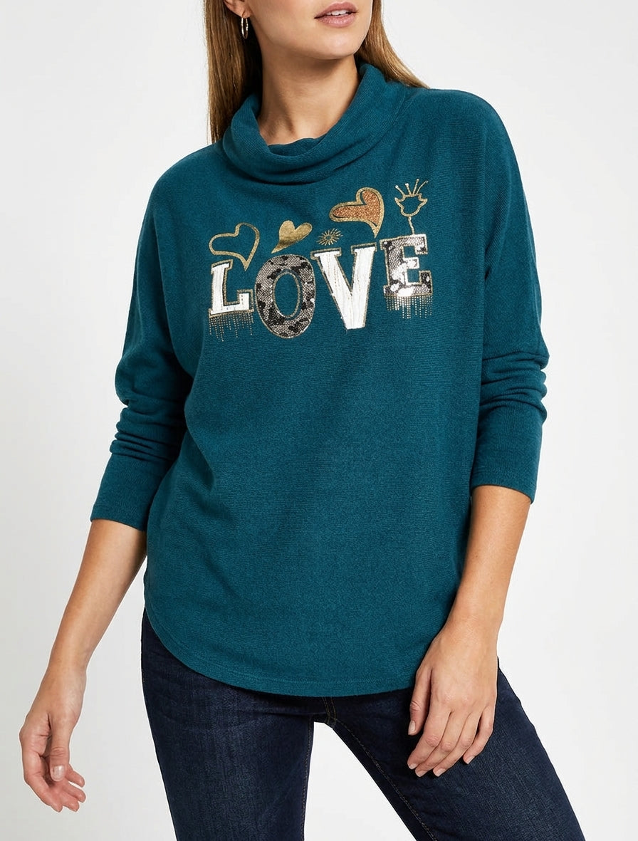 Pull à col bénitier et inscription LOVE - Bleu canard