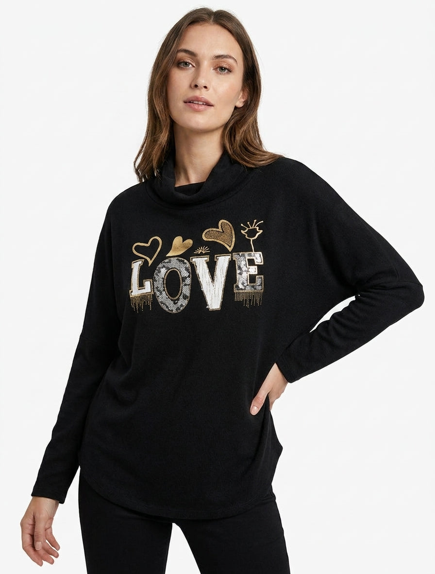 Pull à col bénitier et inscription LOVE - Noir