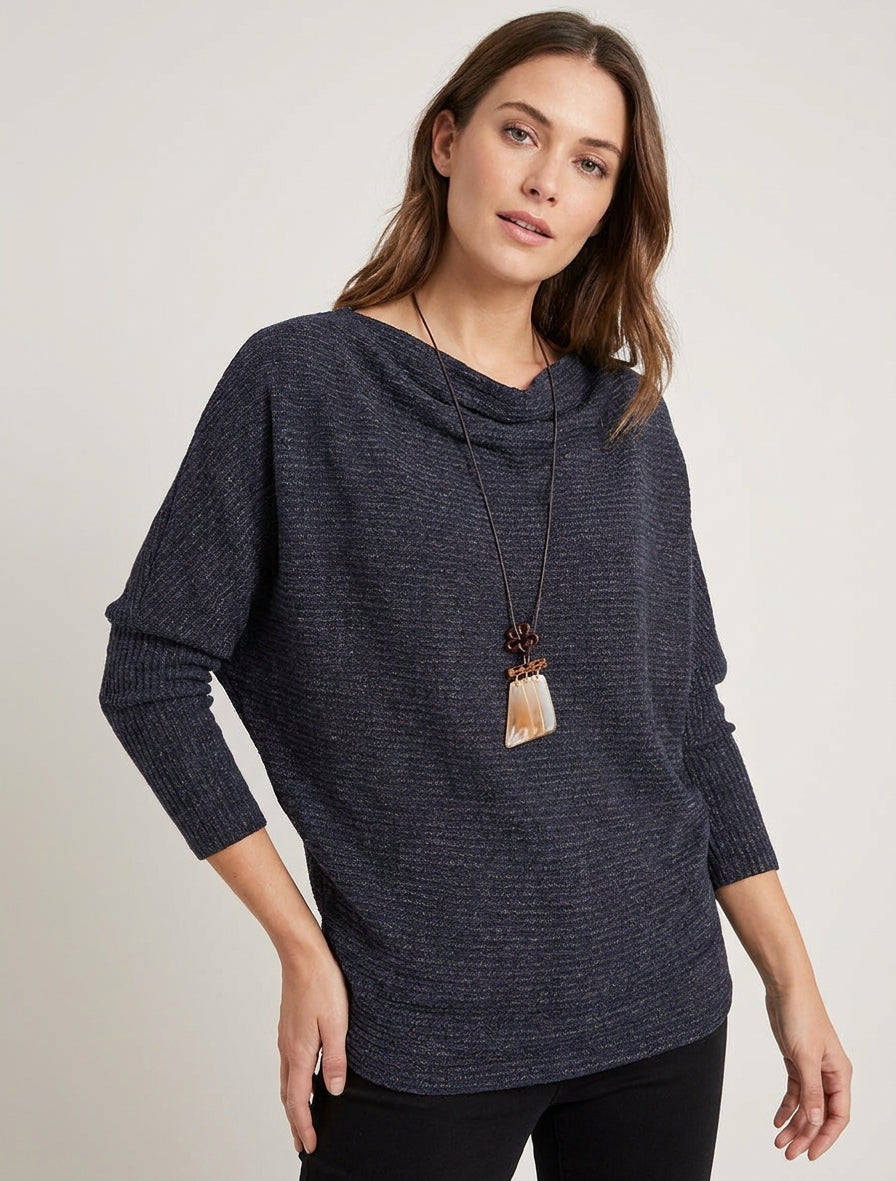 Pull à col bénitier en maille motif rayé - Marine