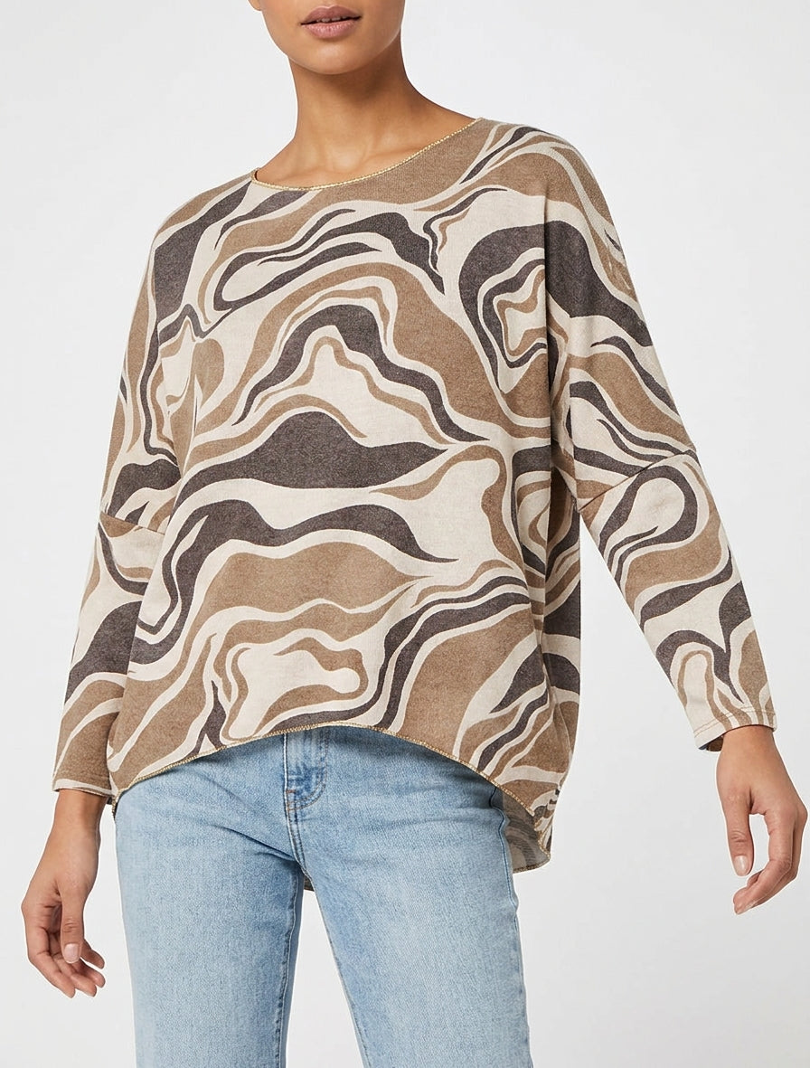 Pull fin imprimé abstrait à col rond - Beige