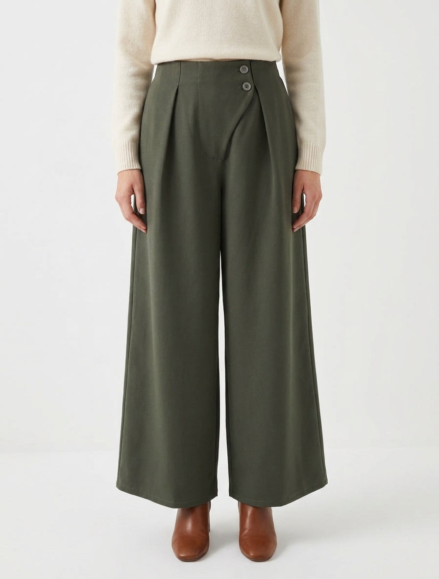 Pantalon uni à taille élastiquée - Kaki