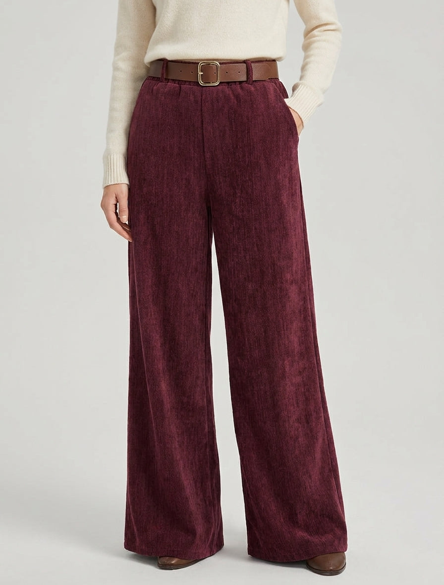 Pantalon effet velours à taille élastiquée - Lie de vin