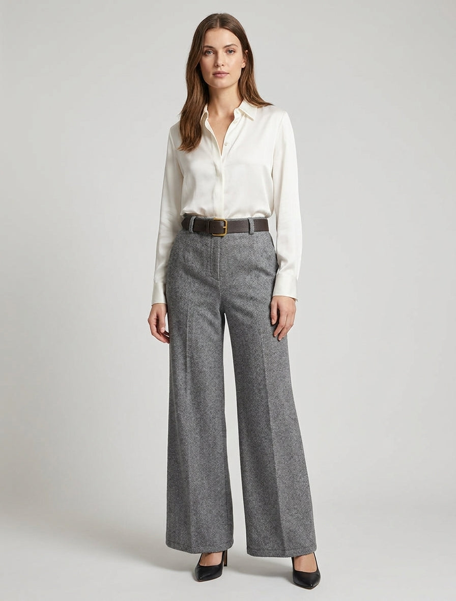 Wijde broek van vilt met hoge taille - Grijs