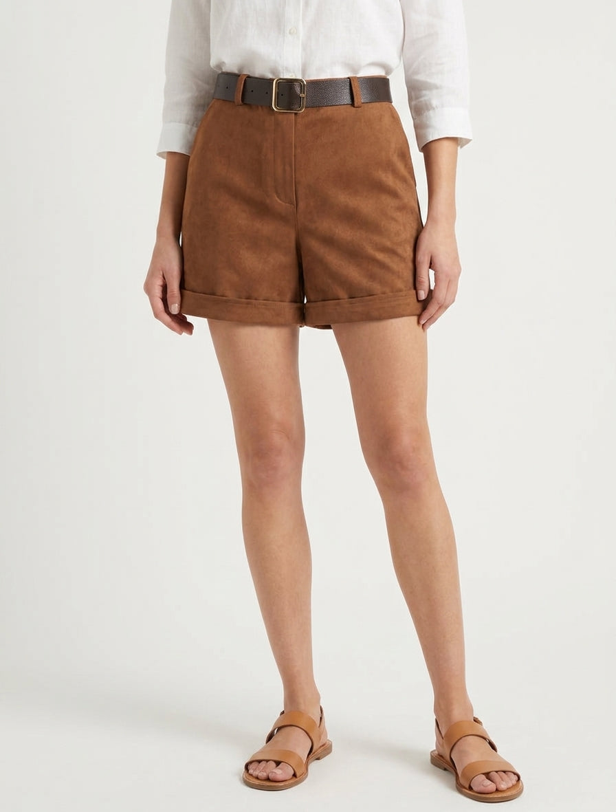 Opgerolde suèdine short - Kameel