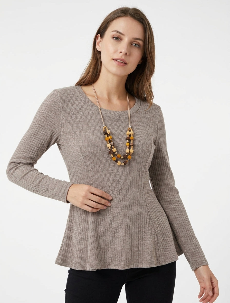 Pull côtelé coupe évasée à col rond - Taupe