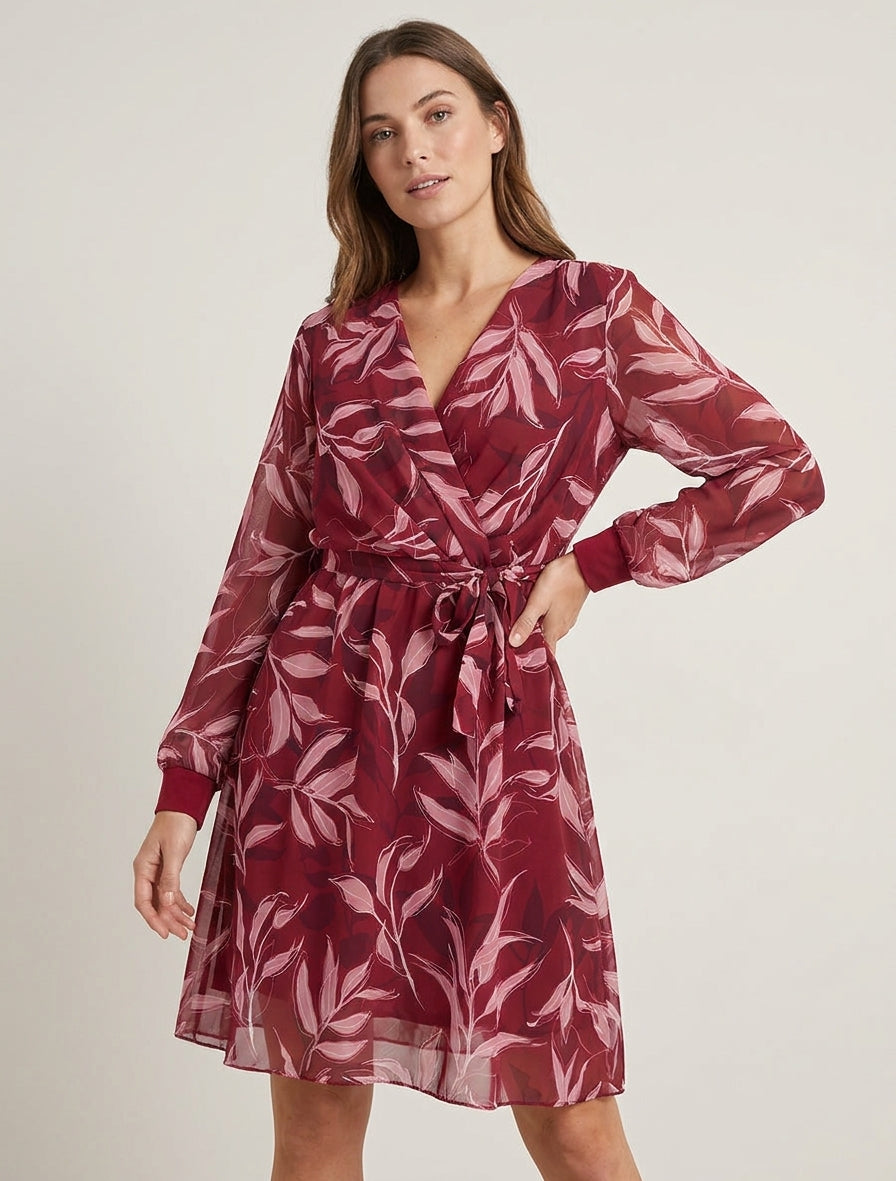 Robe droite à imprimé feuillages - Bordeaux