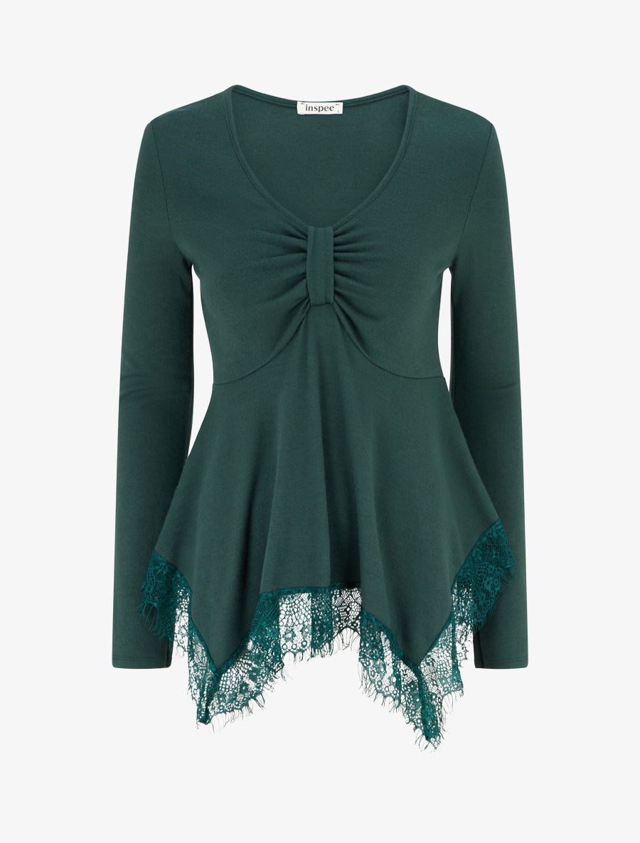 Pull fin bords asymétriques en dentelle - Vert foncé - 1