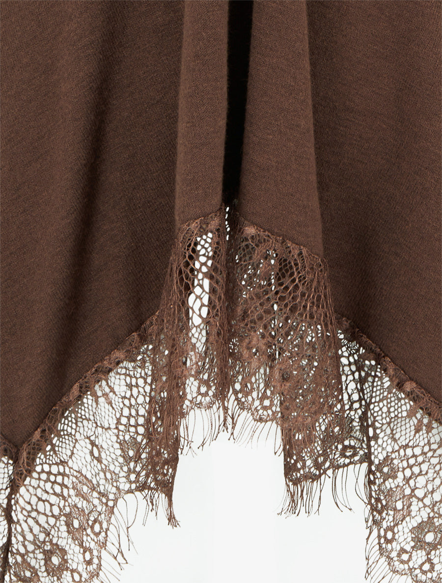 Pull fin bords asymétriques en dentelle - Marron - 3