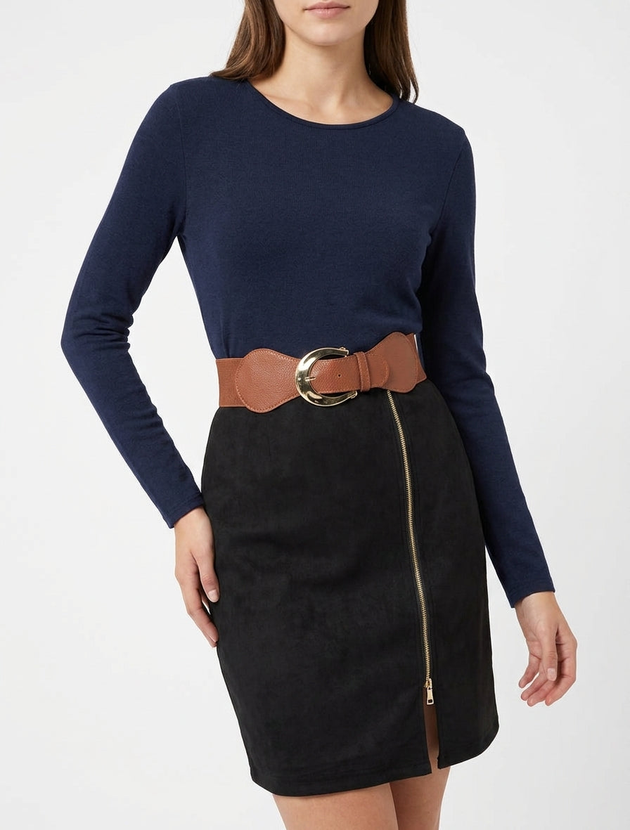 Robe droite en maille et suédine à manches longues et zip - Marine/noir