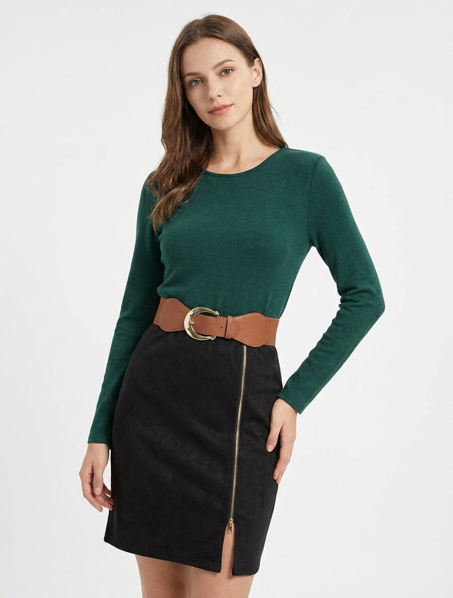 Robe droite en maille et suédine à manches longues et zip - Vert foncé