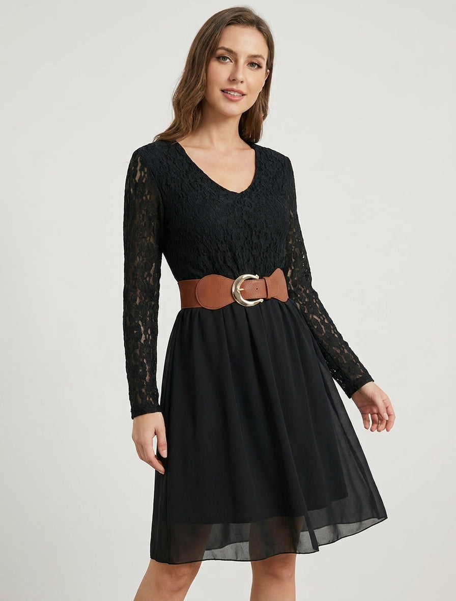 Robe évasée à buste en dentelle - Noir