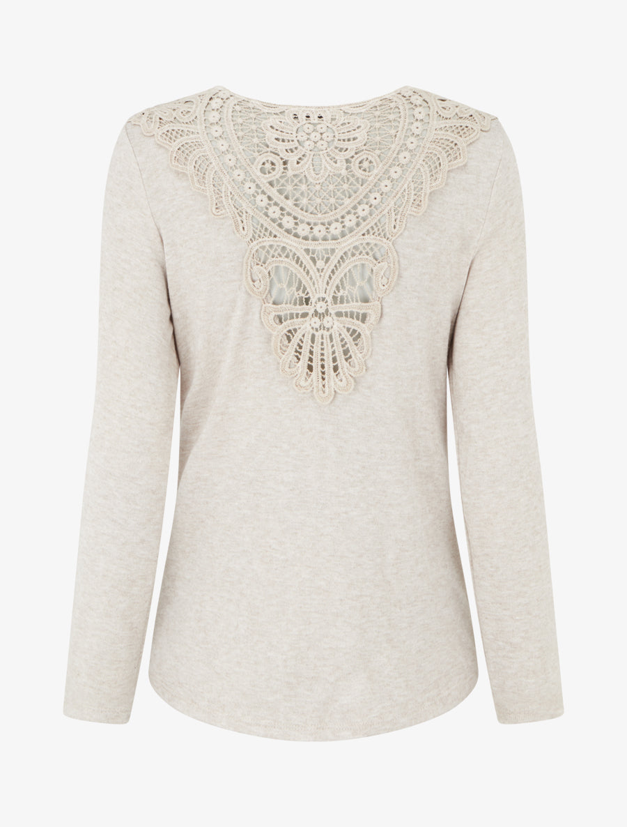 Pull fin uni à dos brodé - Beige - 2