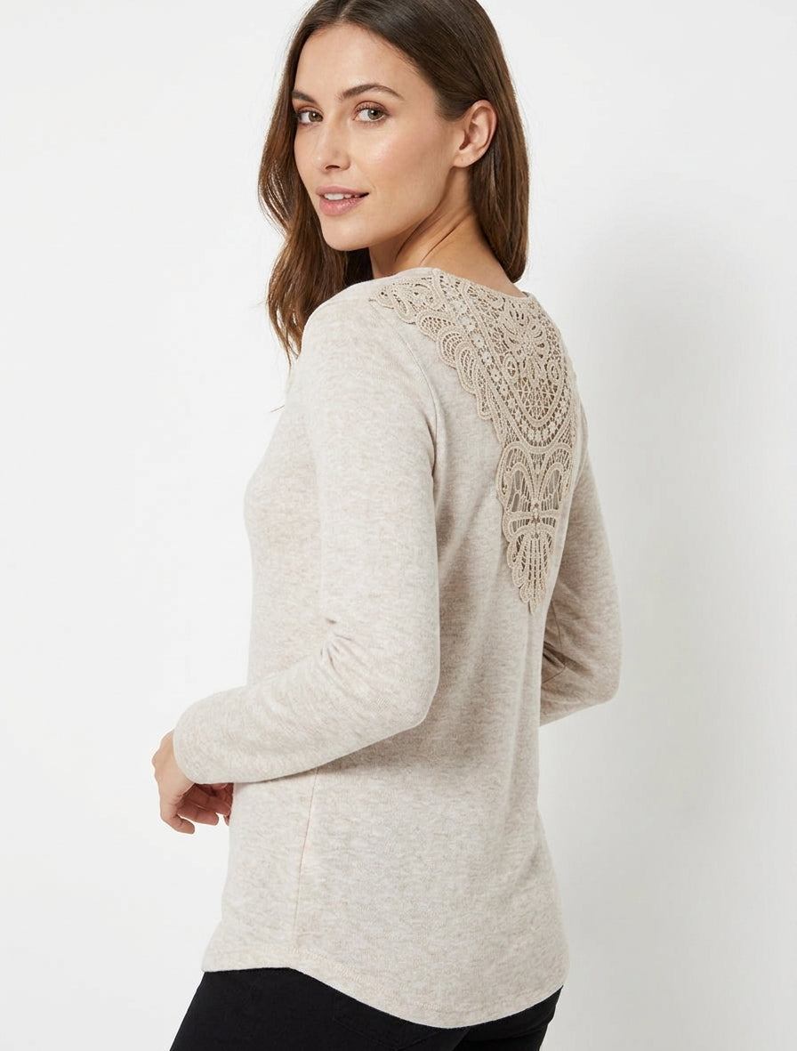 Pull fin uni à dos brodé - Beige