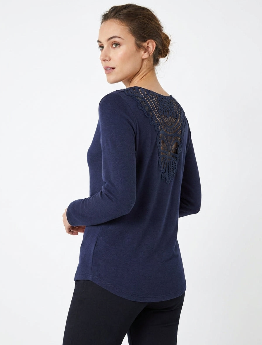 Pull fin uni à dos brodé - Marine
