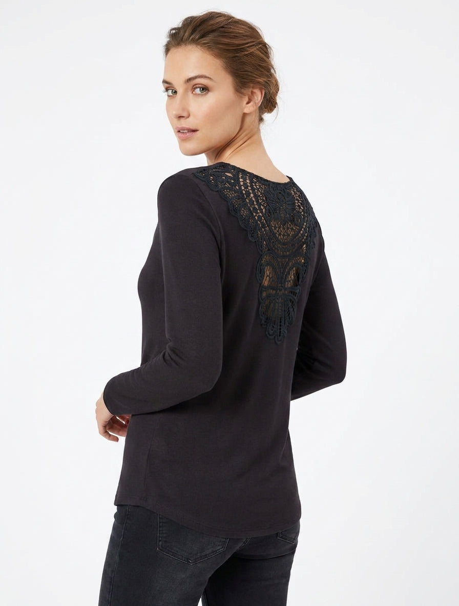 Pull fin uni à dos brodé - Noir